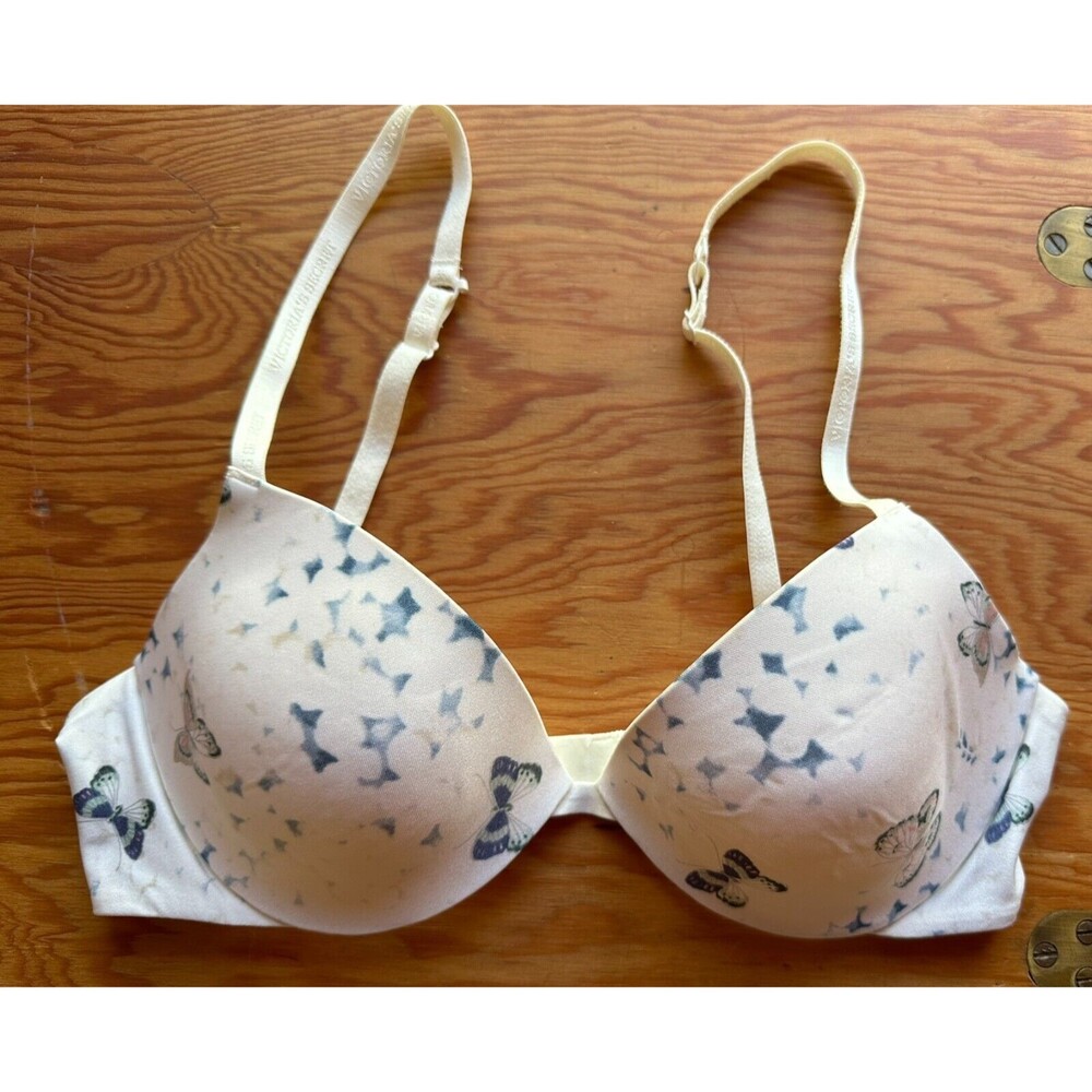 Victoria's Secret Lightly Lined Plunge White Butterflies Size 34C Back Hook
